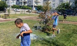 Taşköprü'de sıcaktan bunalan çocuklar belediyenin sulama tankeri ile serinledi