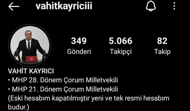 MHP Milletvekili Vahit Kayrıcı'nın Instagram hesabı çalındı